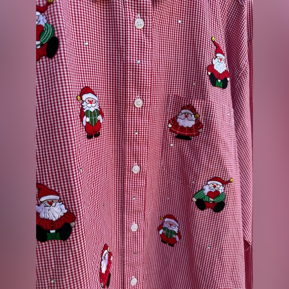 Mili Designs Red Christmas Gingham Santa Embellished Button Up Shirt Sz 1X - Picture 4 of 11